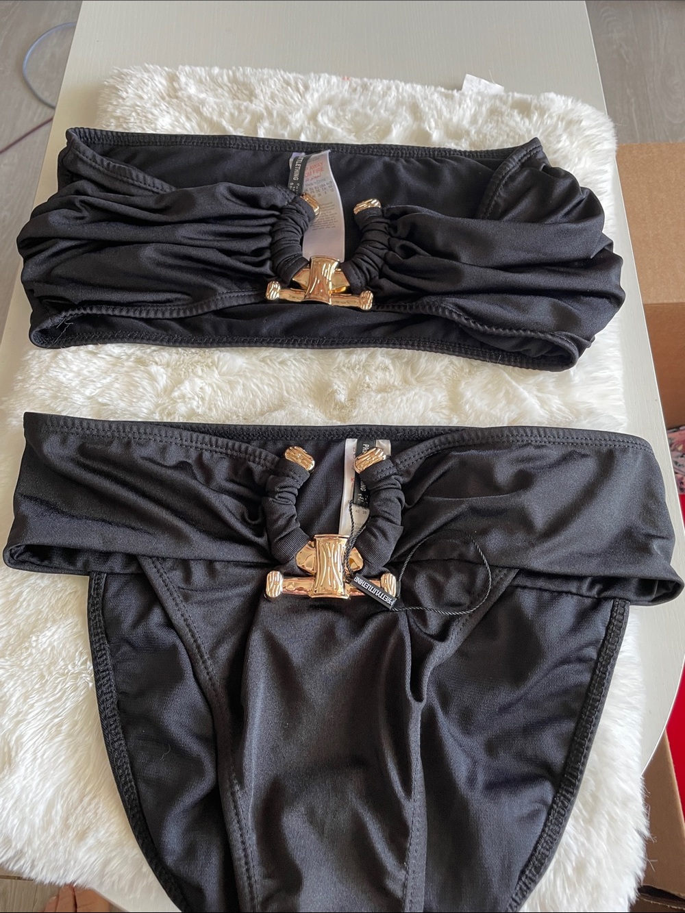 PrettyLittleThing Black Bandeau Bikini with Gold Ring Detail